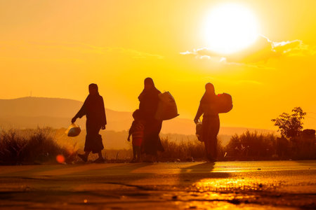 World Refugee Day. Silhouette back refugee kid group. Responsible. Kid child boy and girl worship. World children's day, Pray and worship.の素材
