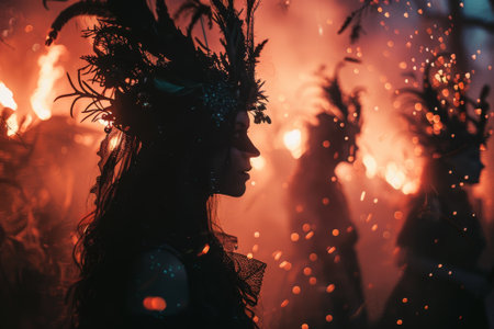 Walpurgis Night bonfire. A gathering of witches near the campfire.の素材