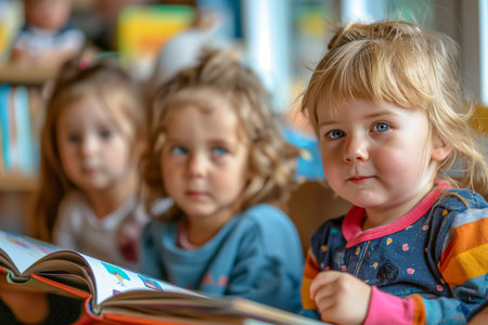 Children in kindergarten at a reading lessonの素材