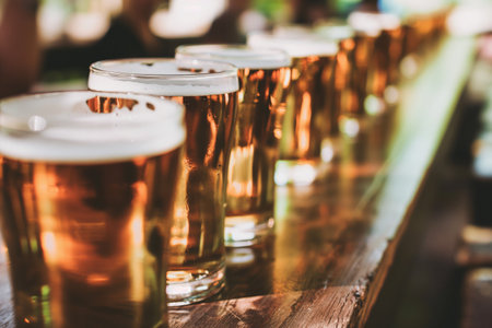 Close up of a rack of different kinds of beers, dark to light, on a table. Selective focusの素材