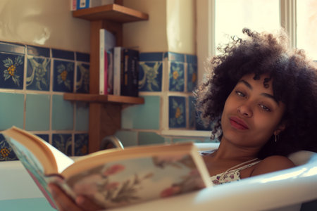 Young woman reading book while lying in the bath with foam and candlesの素材