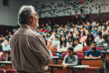 A teacher speaks to Students at the University. The concept of higher education.の素材