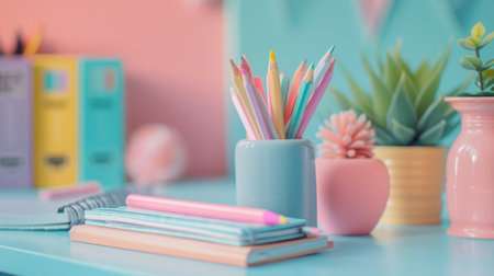 Frame of different stationery on light blue background, flat lay. Space for textの素材