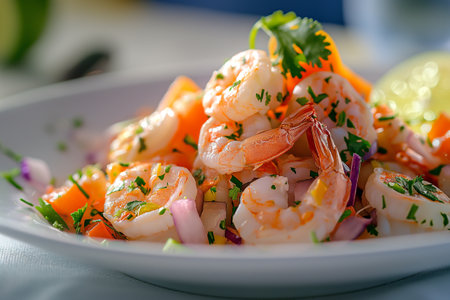 Fresh summer Salad with prawns, lime and olive. Summer salad, healthy eating.の素材