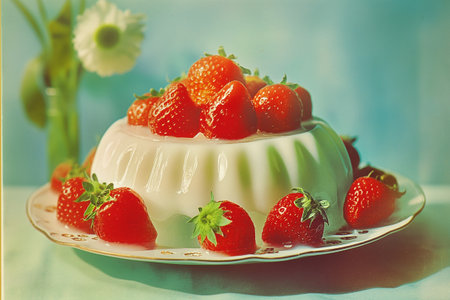 Vintage Illustration of jelly Pudding with strawberriesの素材