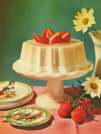 Vintage Illustration of jelly Pudding with strawberriesの素材
