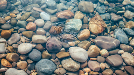 Sea and ocean life creative advertising concept. Close up of the seabed. Beautiful wet colorful shiny stones, starfish and shells under raindrops or sea spray.の素材