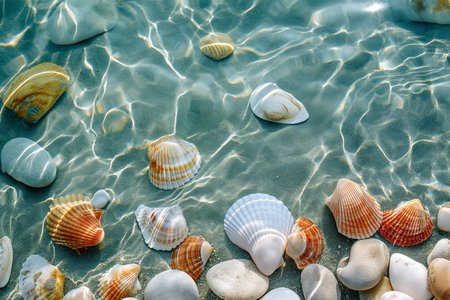 Sea and ocean life creative advertising concept. Close up of the seabed. Beautiful wet colorful shiny stones, starfish and shells under raindrops or sea spray.の素材