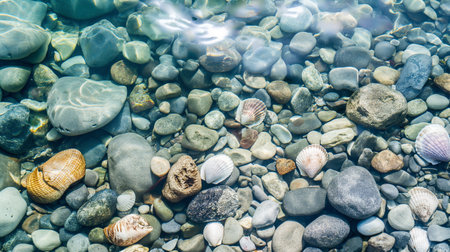 Sea and ocean life creative advertising concept. Close up of the seabed. Beautiful wet colorful shiny stones, starfish and shells under raindrops or sea spray.の素材