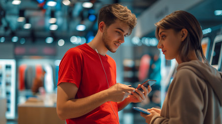 Happy young people shopping new mobile phone in a store. People technology device new conceptの素材