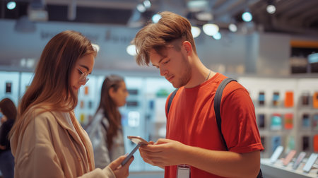 Happy young people shopping new mobile phone in a store. People technology device new conceptの素材