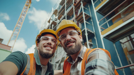 Labor Day, Young Men In Hard Hats Take Selfies On A Smartphone During Repairs.の素材