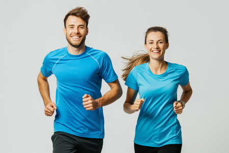 Full length shot of a young man and woman in sportswear running together isolated on white backgroundの素材