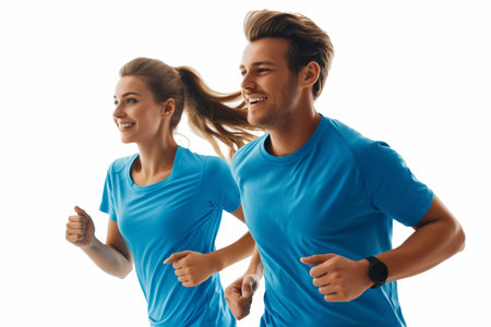 Full length shot of a young man and woman in sportswear running together isolated on white backgroundの素材