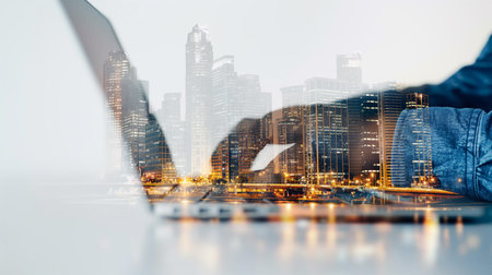 Double exposure young businessman wearing shirt holding contemporary laptop hands. Isolated white,modern city background. Blank screen ready for your business message. Wide mockupの素材