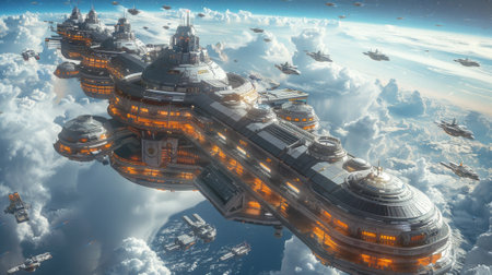 Futuristic space station in deep space. Sci-fi wallpaper. Background for video gamesの素材