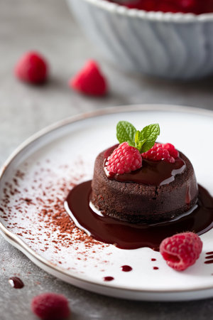 Plate with delicious Chocolate fondant, Berries and mint on gray table, closeupの素材