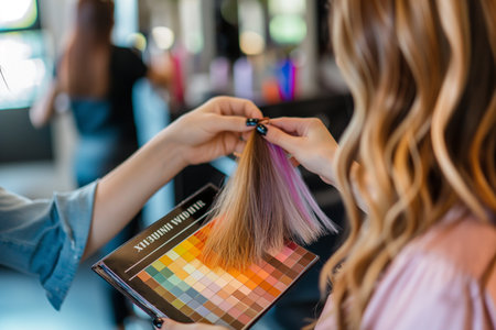 A young hairdresser selects the color of hair dye in a hairdressing salonの素材