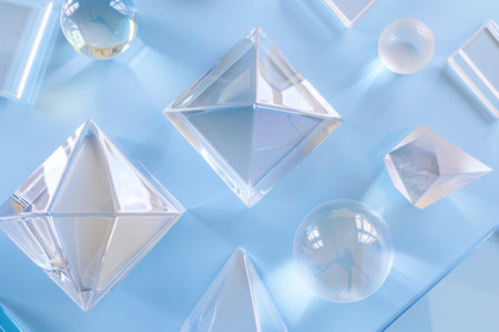 Background of glass elements, various geometric glass shapes.の素材