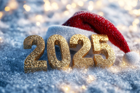 Golden numbers 2025 on a white table with Christmas trees and bokeh lights. Happy New Year 2025 is coming concept.の素材