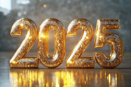 Golden numbers 2025 on a white table with Christmas trees and bokeh lights. Happy New Year 2025 is coming concept.の素材
