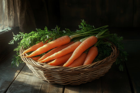 Freshly harvested whole carrots with leaves on a wooden table, rusticの素材