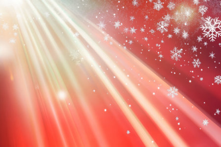 Red background with white snowflakes and rays of light. Space for text. Winter season, holiday celebration.の素材