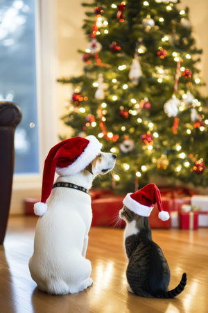 A dog with a cat in Santa Claus hats. The Christmas concept.の素材