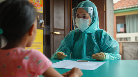 A doctor in a protective suit is taking Tests.の素材
