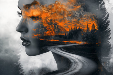 Double exposure of a woman's face against the background of mountains,の素材