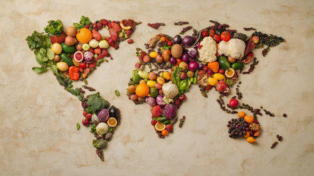 A world map of Fruits and vegetables on a light background. World Vegan Dayの素材
