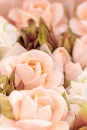 Bouquet of Flowers in a pink box on a light background, holiday concept.の写真素材