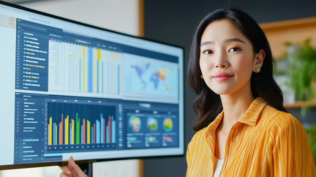 A beautiful woman is presenting the program. Charts, graphs.の素材