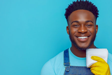 Portrait of an African-American man in rubber gloves and a cleaning cloth in his hand on a light background, an advertising banner for cleaning agencies.の素材