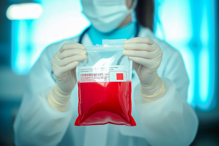 The doctor holds a blood donation bag on a light background. World Donor Day.の素材