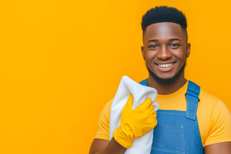 An advertising banner for cleaning agencies. An African-American man holds a cleaning cloth in his hand on a light background.の素材