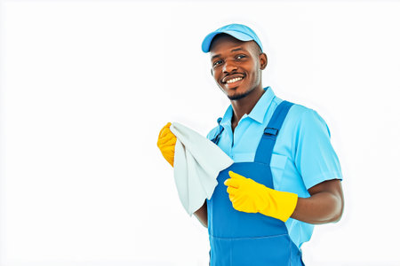Portrait of an African-American man with a rag in his hands on a light background, an advertising banner for cleaning agencies.の素材