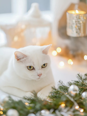 A cat in a New Year's atmosphere. New Year and Christmas greeting card with a pet.の素材