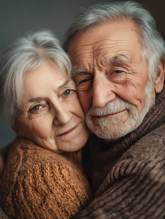 An elderly couple are hugging, National Hug Dayの素材