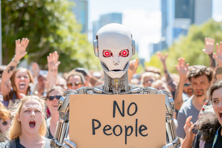 Humanoid robot holding cardboard that says "NO People",の素材