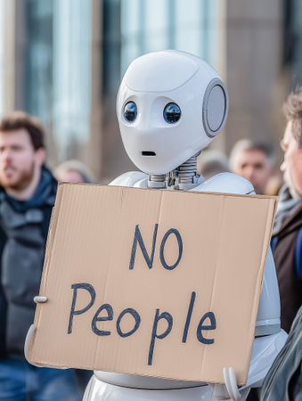 Humanoid robot holding cardboard that says "NO People",の素材