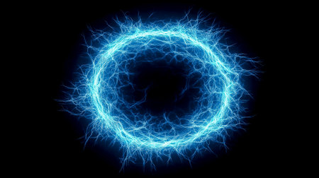 Energy shock wave: a blue shockwave that spreads from the center point, illuminating the entire black backgroundの素材