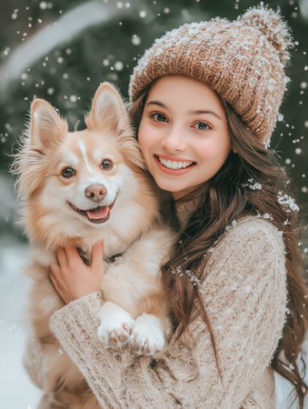 A girl with a dog on the background of a winter landscape, a girl smilingの素材