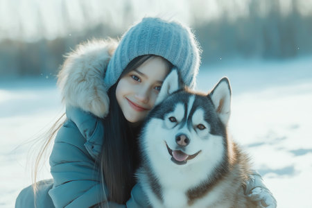 A girl with a dog on the background of a winter landscape, a girl smilingの素材