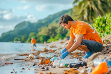 Group of volunteers cleaning beach on sunny day, Cleanliness of the world oceanの素材