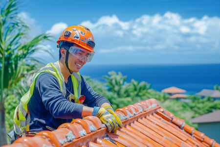 A worker is restoring a traditional roof covered with red Tiles.の素材