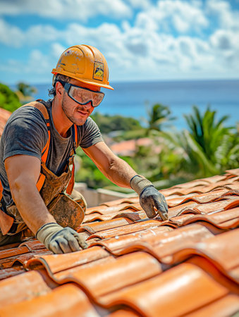 A worker is restoring a traditional roof covered with red Tiles.の素材