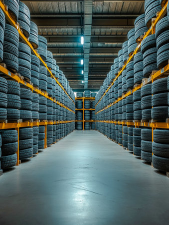 Modern warehouse, Neatly stacked rows of tires, Rubber tire storageの素材