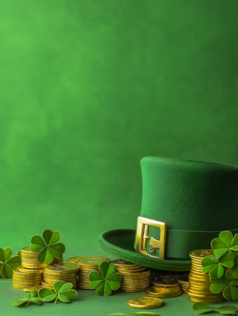 St Patrick's hat, gold coins and clover leaves on green background with copy space for text. St Patrick's Dayの素材