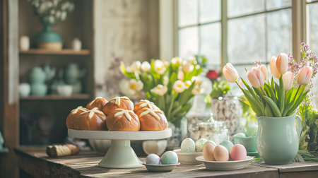 Easter brunch with hot muffins, pastel-colored eggs and fresh tulips, rusticの素材